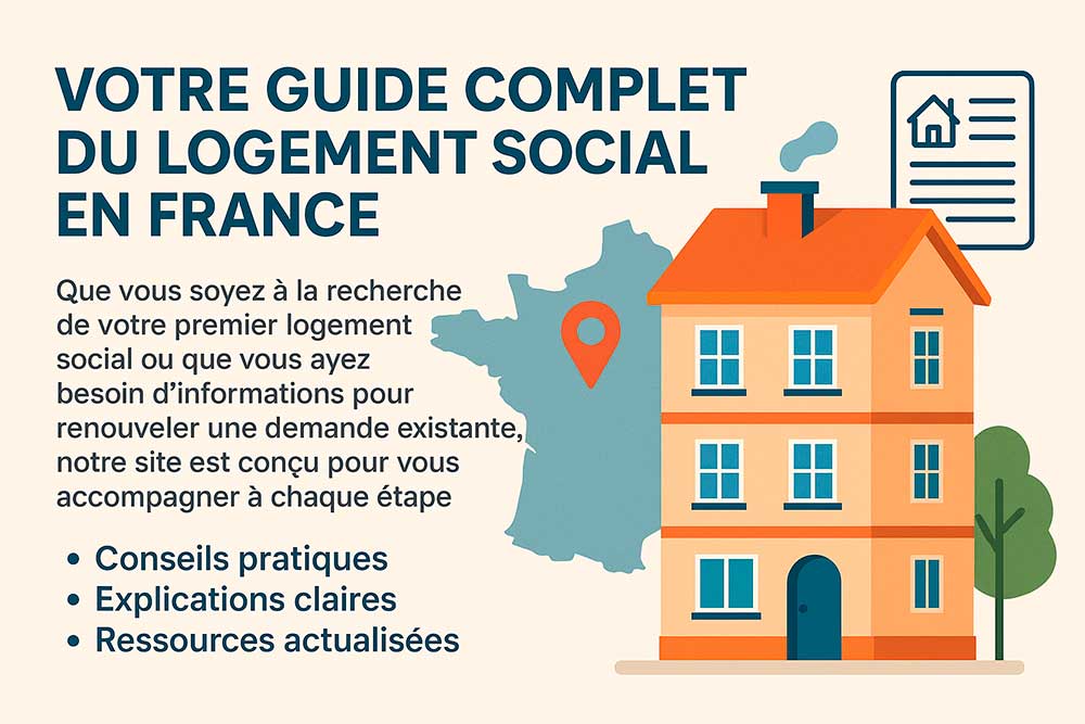 Guide complet du logement social en France avec illustration d'un immeuble, carte de France et conseils pratiques pour les demandeurs