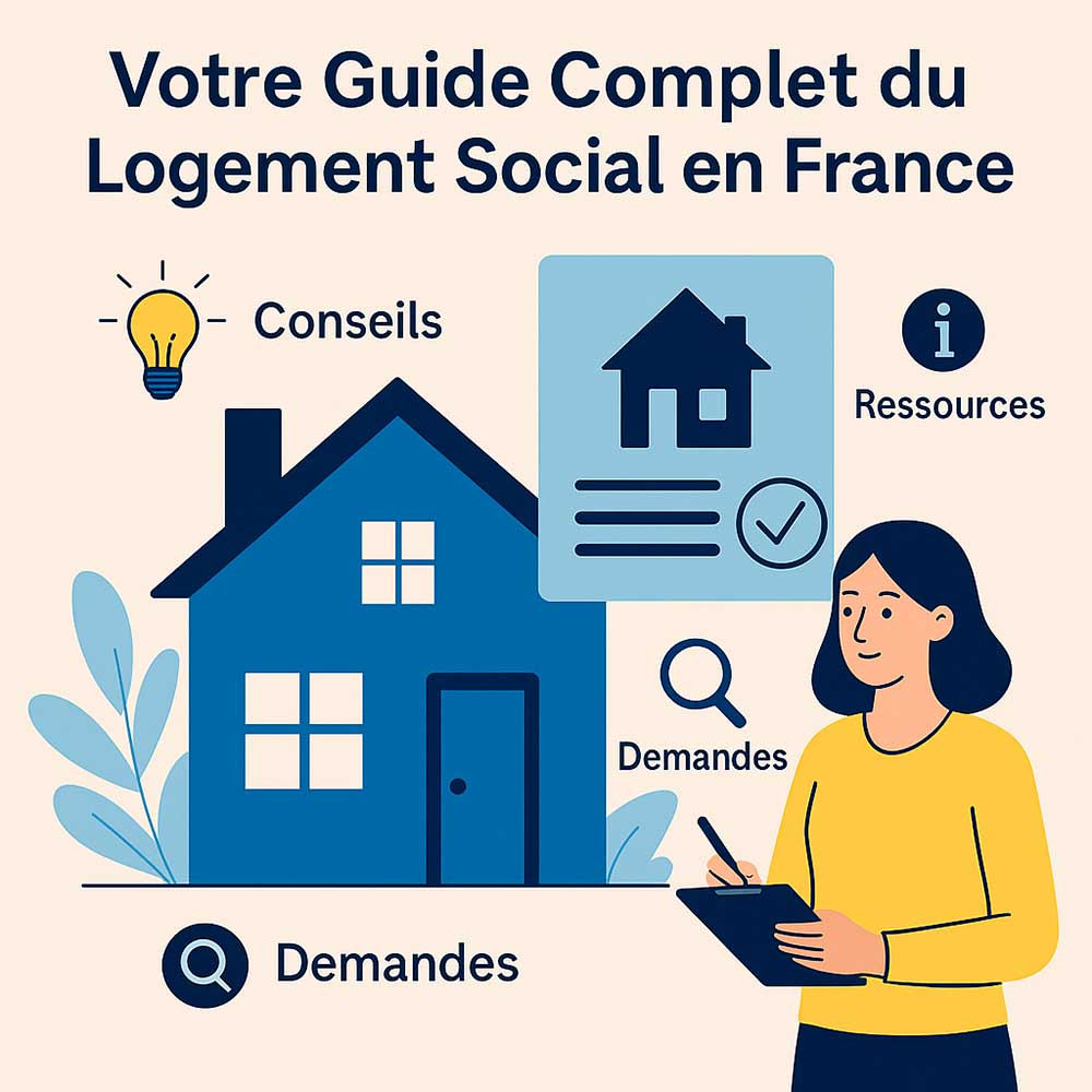 Illustration informative sur le logement social en France avec une carte, une maison et des informations clés pour les demandeurs