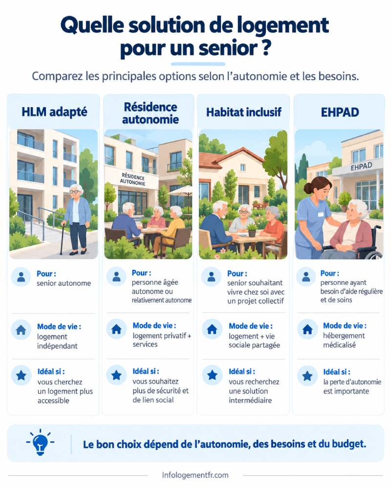 Infographie comparant les solutions de logement pour seniors : HLM adapté, résidence autonomie, habitat inclusif et EHPAD