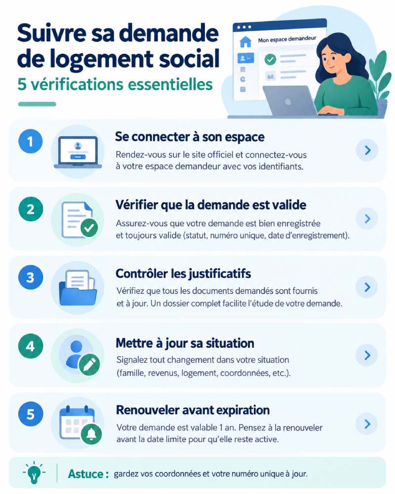 Infographie pour suivre une demande de logement social avec 5 vérifications essentielles