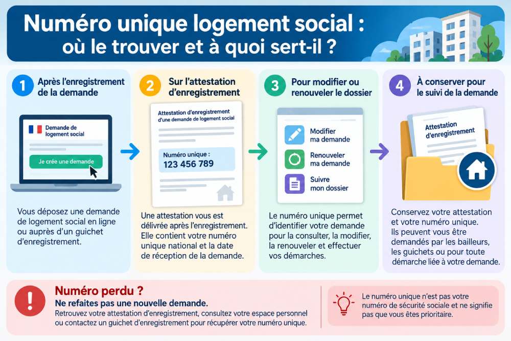 Infographie expliquant où trouver le numéro unique de logement social et à quoi il sert