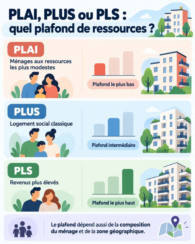 Infographie comparant les plafonds de ressources PLAI, PLUS et PLS pour le logement social