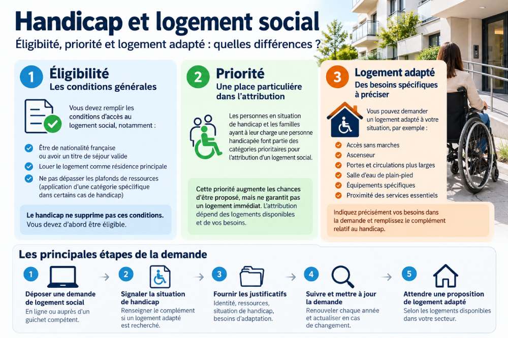 Infographie expliquant l’éligibilité, la priorité et le logement adapté pour une personne handicapée