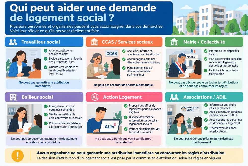 Infographie présentant les organismes pouvant aider une demande de logement social